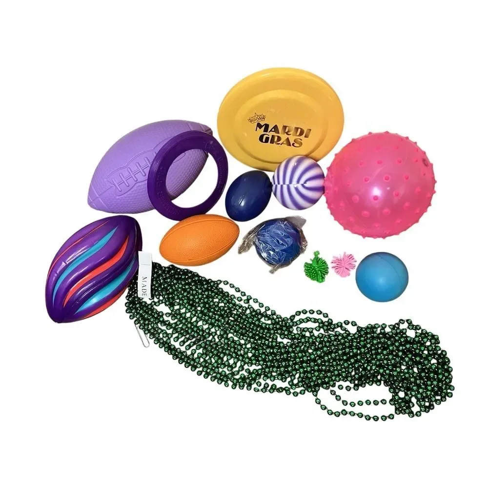 Mardi Gras Parade Throw Party Favor Bundle Beads Footballs Frisbee Balls Lot